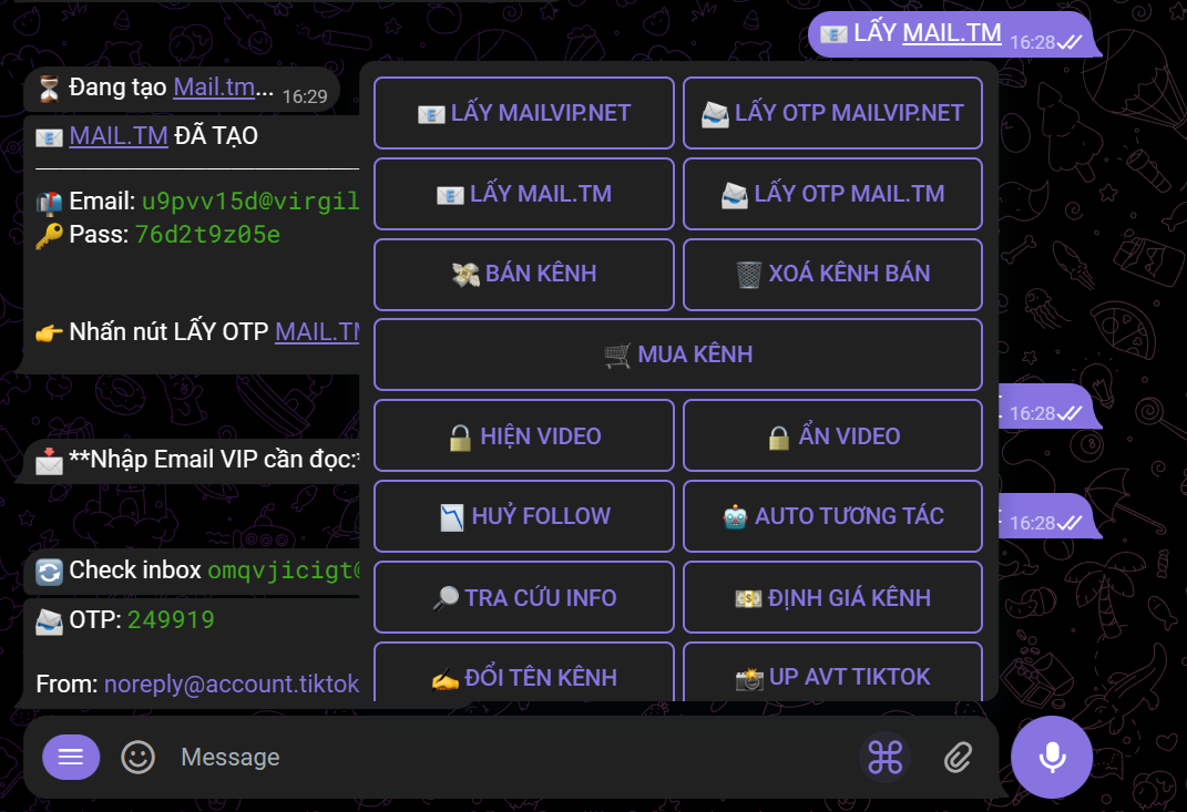 Giao diện Bot Telegram
